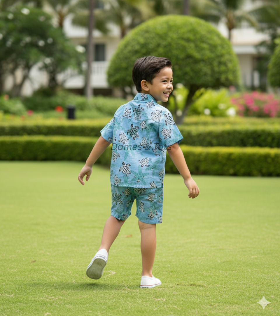 Boys Pure Cotton Co-Ord Set – Blue Turtle & Starfish Print