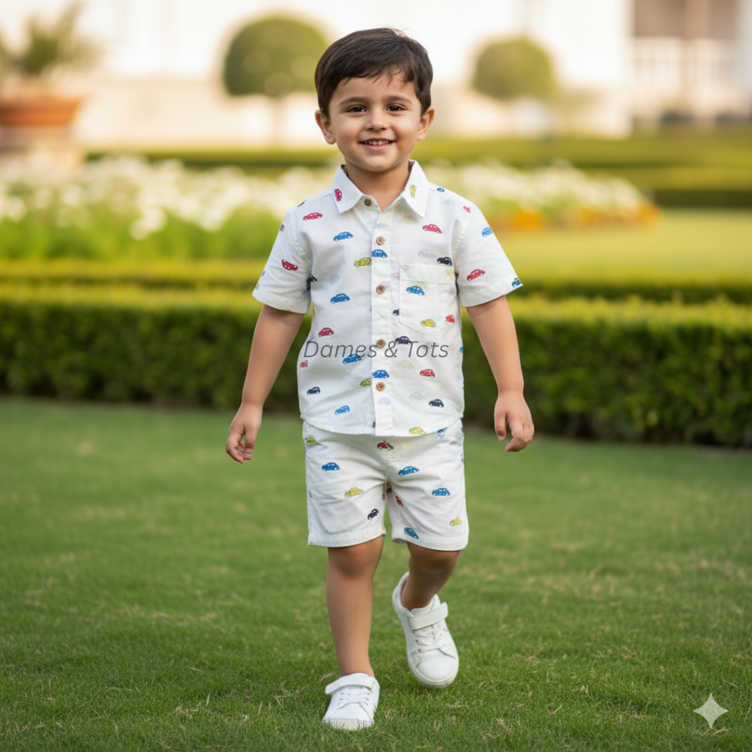Boys Pure Cotton Co-ord Set – Car Print Shirt & Shorts