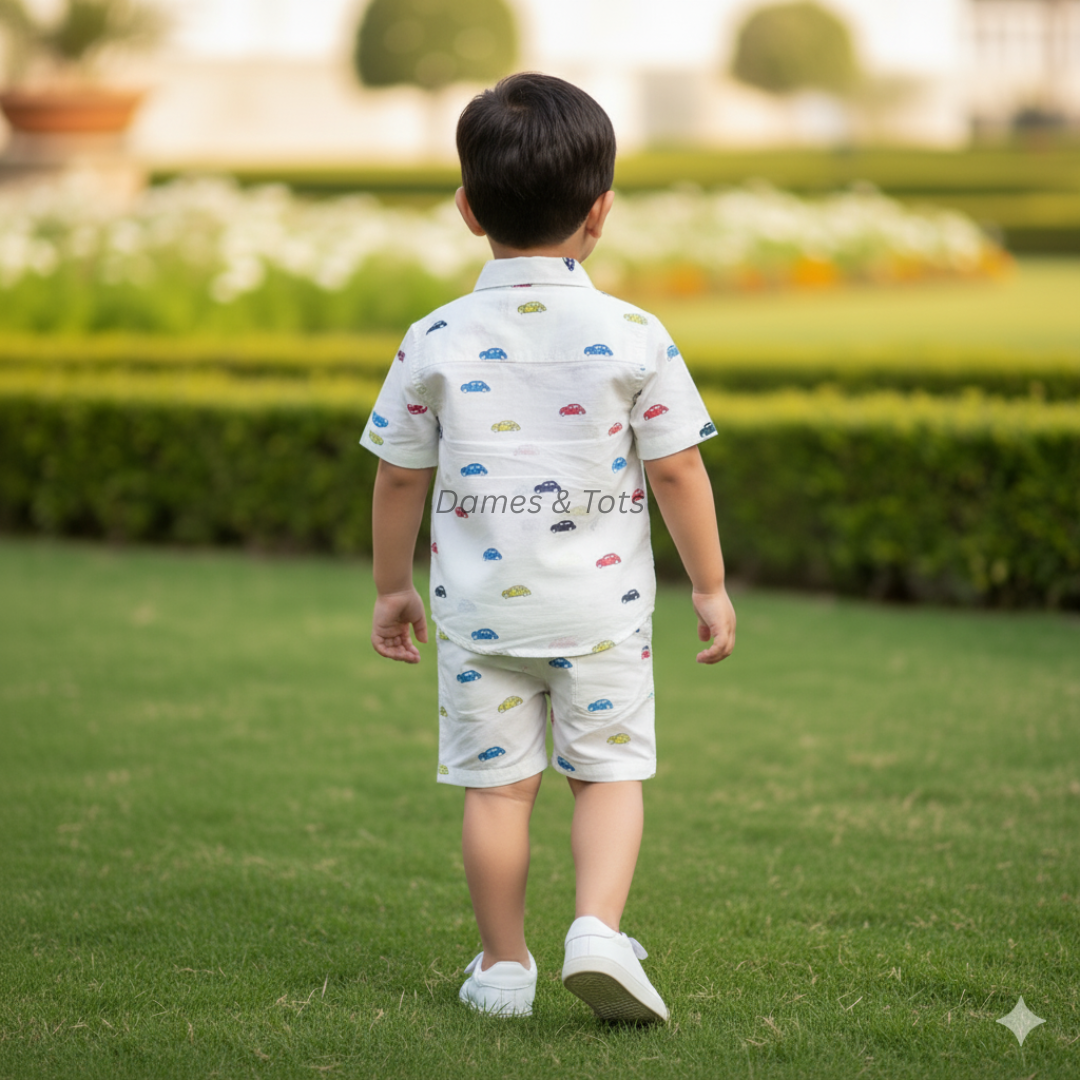 Boys Pure Cotton Co-ord Set – Car Print Shirt & Shorts