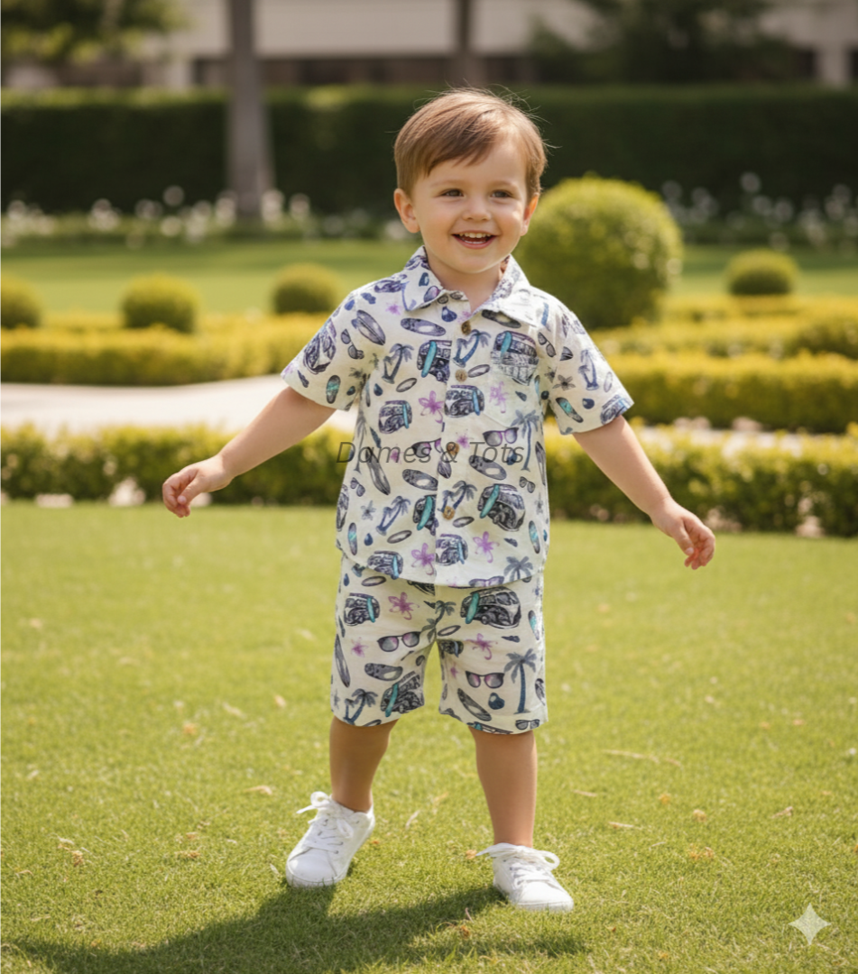 Boys Cotton Co-ord Set – Summer Beach Print (Purple )