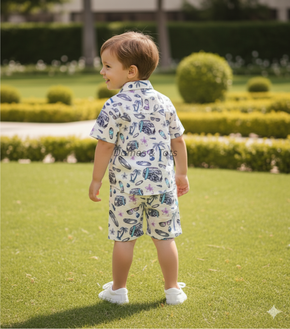 Boys Cotton Co-ord Set – Summer Beach Print (Purple )