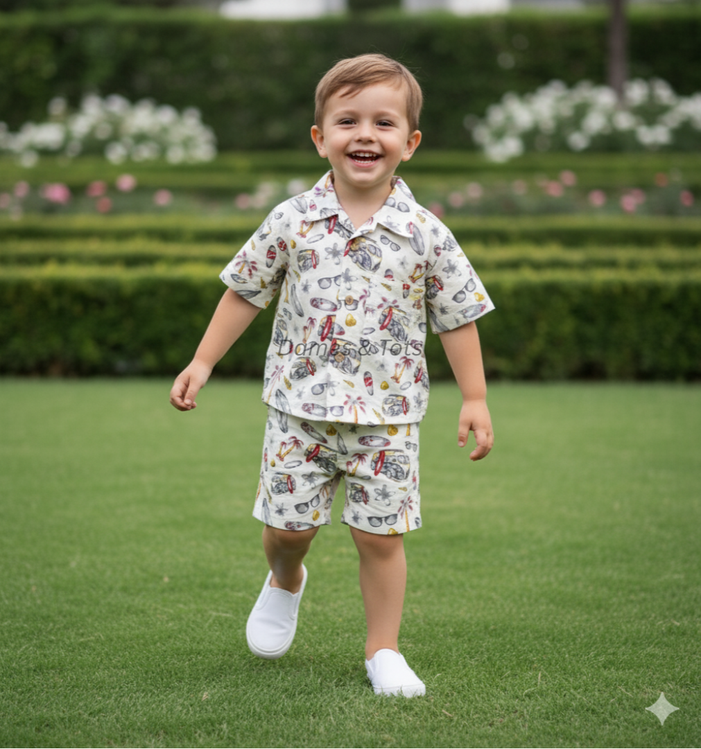 Boys Cotton Co-ord Set – Summer Prints (Off white)