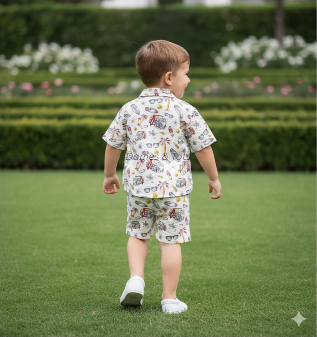 Boys Cotton Co-ord Set – Summer Prints (Off white)