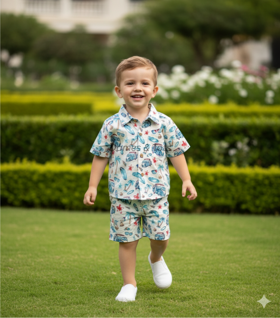 Boys Printed Cotton Co-Ord – Beach Vibes (Blue)