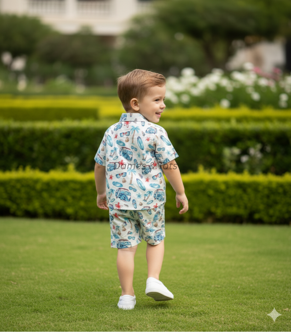Boys Printed Cotton Co-Ord – Beach Vibes (Blue)