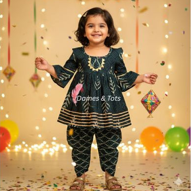 Bottle Green Kurti with Dhoti Pant Set for Girls