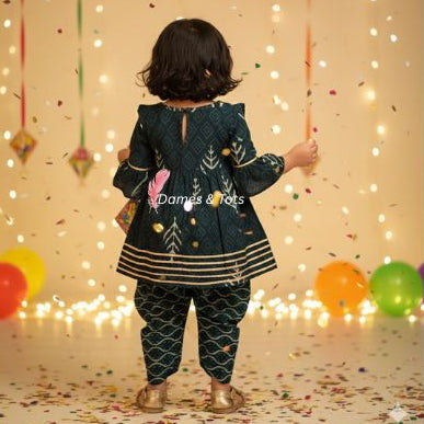 Bottle Green Kurti with Dhoti Pant Set for Girls