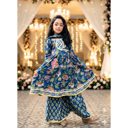Pure Cotton Blue Kurti Sharara Dupatta Set for Girls