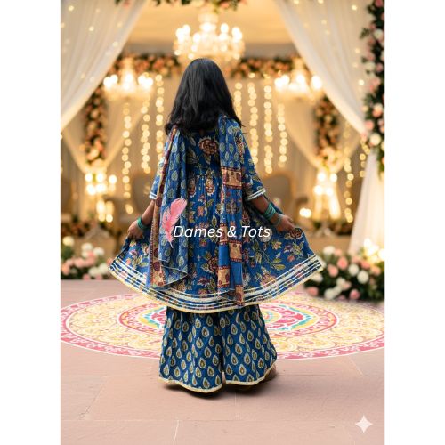 Pure Cotton Blue Kurti Sharara Dupatta Set for Girls