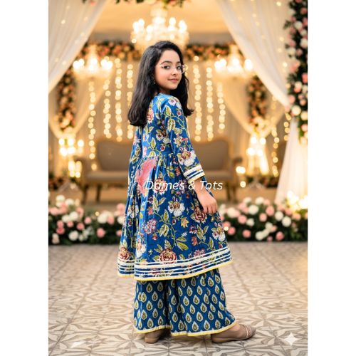 Pure Cotton Blue Kurti Sharara Dupatta Set for Girls