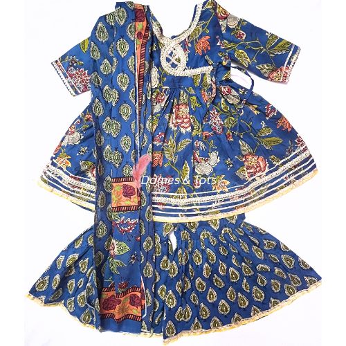 Pure Cotton Blue Kurti Sharara Dupatta Set for Girls