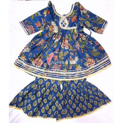 Pure Cotton Blue Kurti Sharara Dupatta Set for Girls