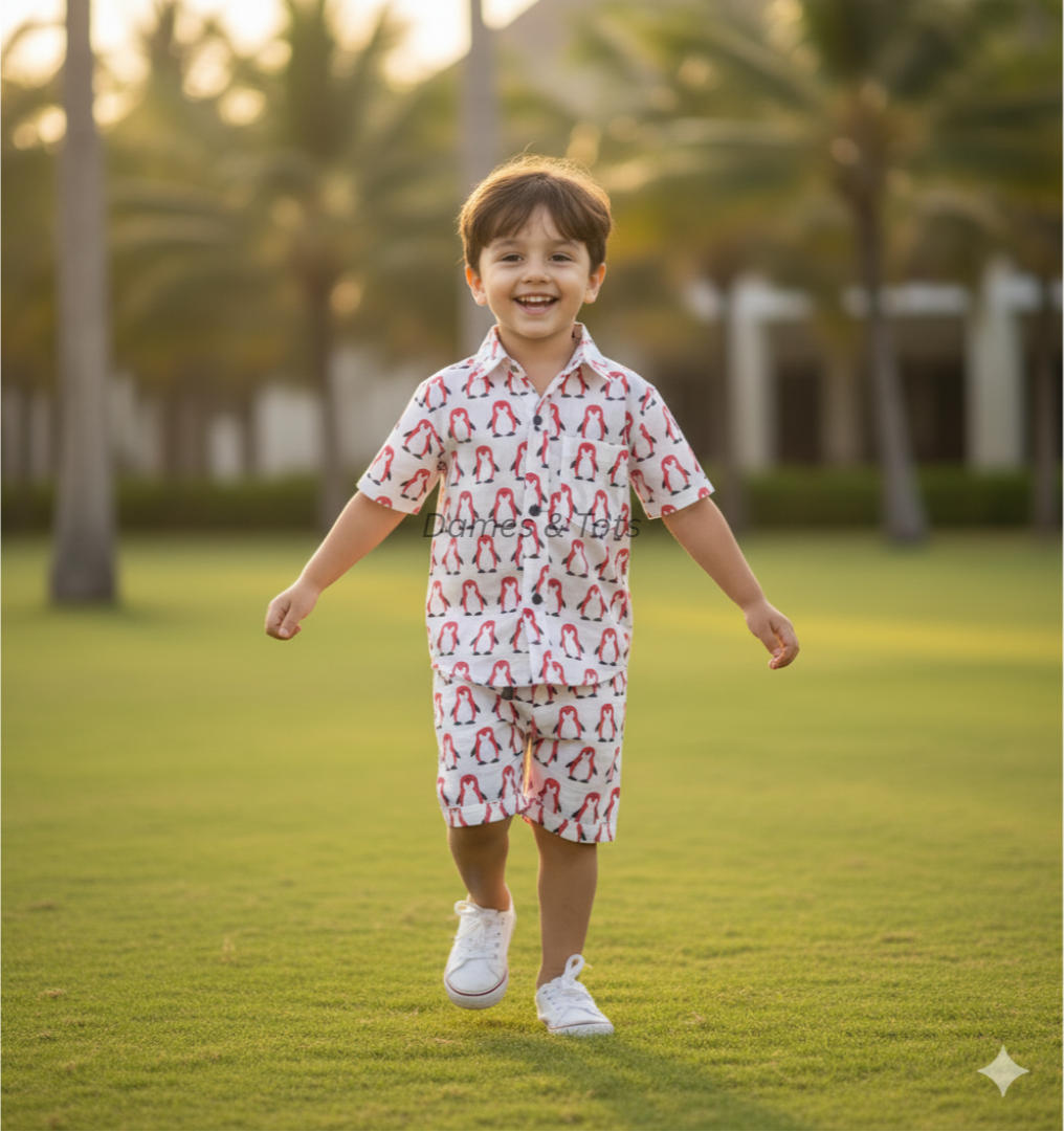 Boys Pure Cotton Co-ord Set – Red Penguin Print