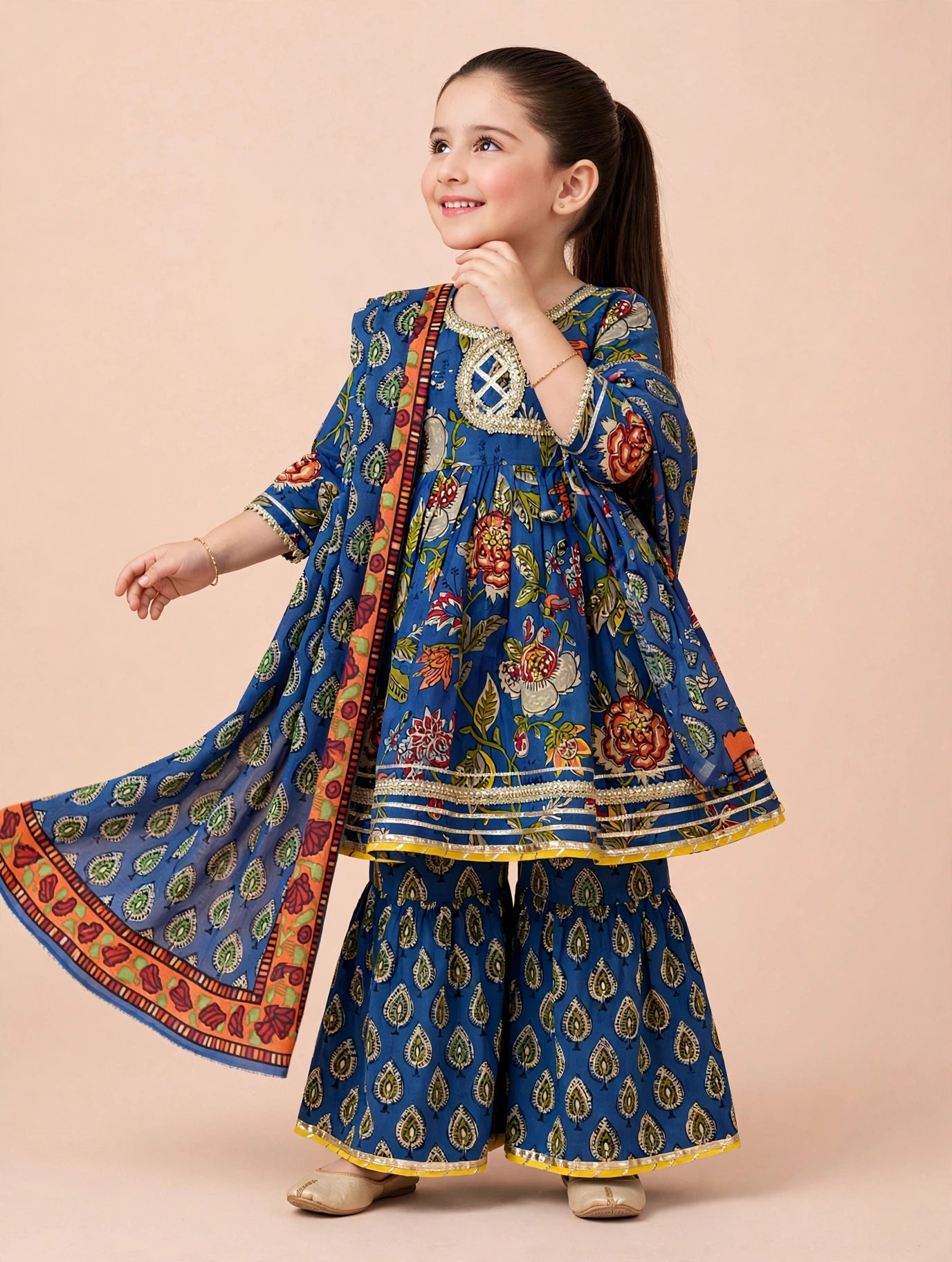 Pure Cotton Blue Kurti Sharara Dupatta Set for Girls