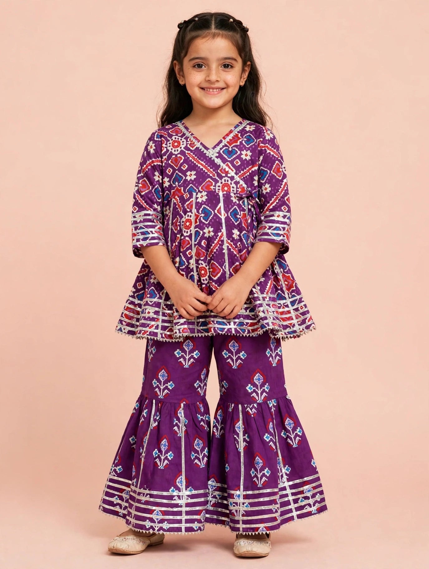 Kids Patola Purple  Kurti Sharara Pant | Ethnic Wear