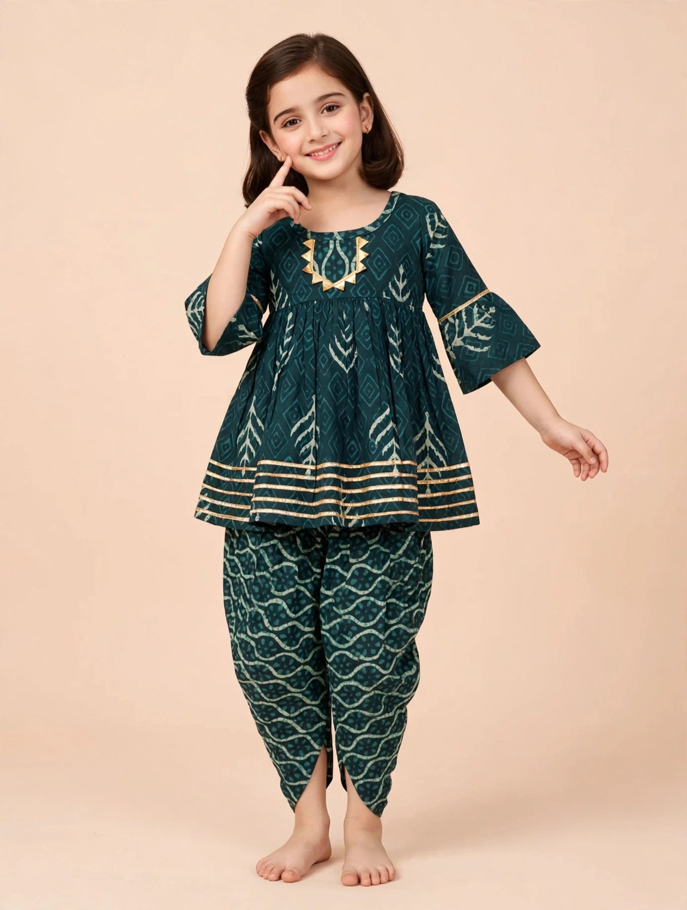 Bottle Green Kurti with Dhoti Pant Set for Girls
