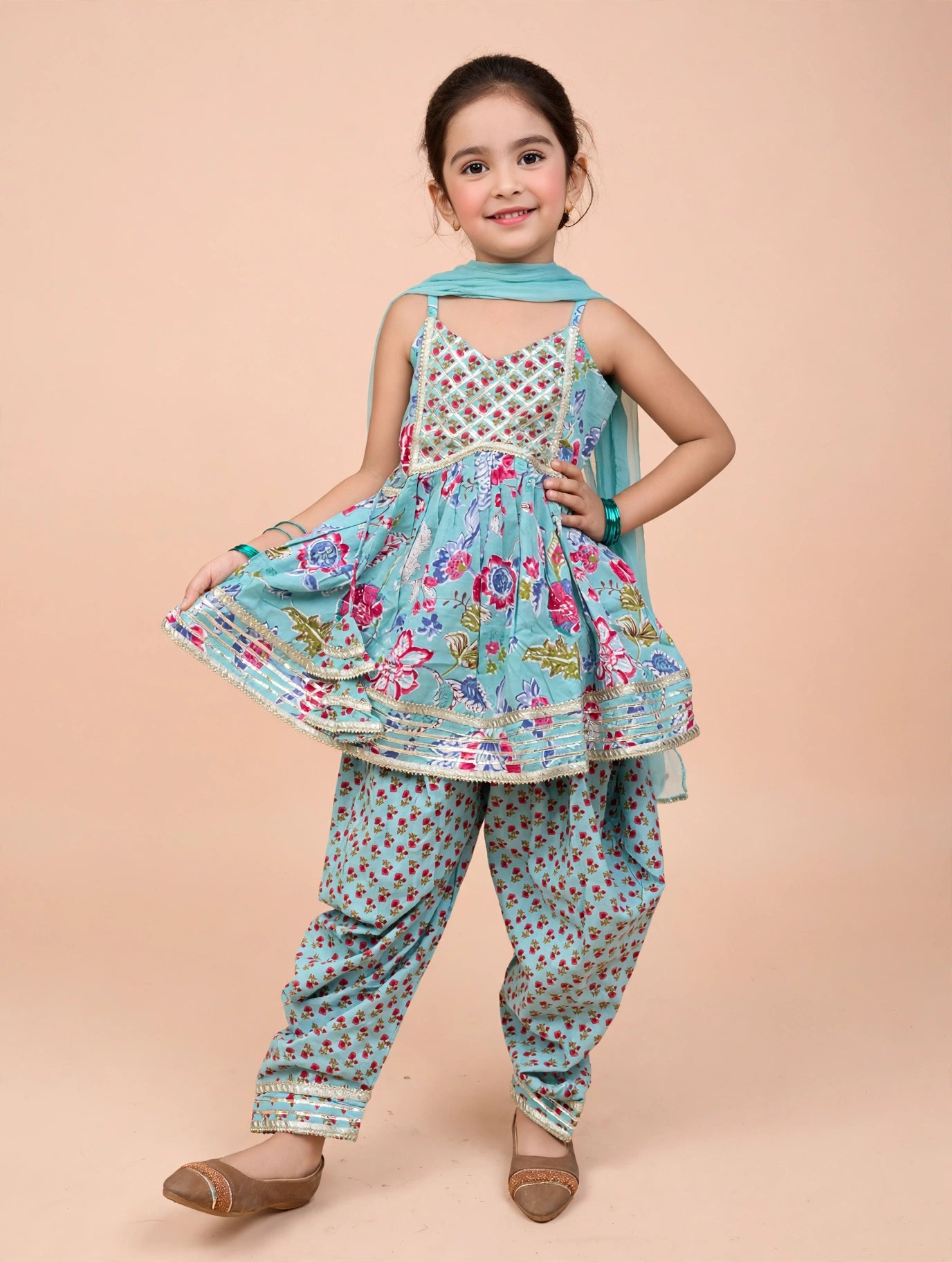 Sleeveless Kurti with Layered Punjabi Pant Dupatta Suit