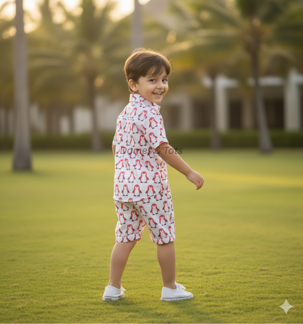 Boys Pure Cotton Co-ord Set – Red Penguin Print