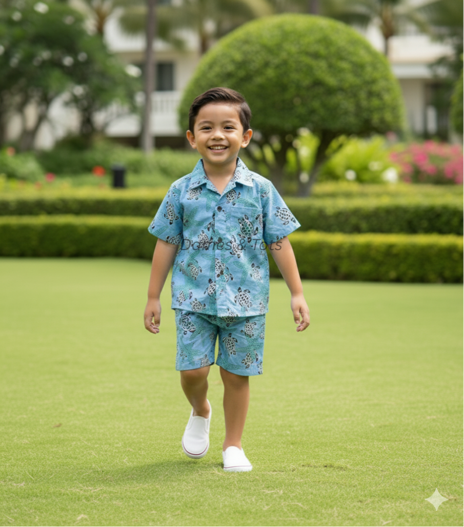 Boys Pure Cotton Co-Ord Set – Blue Turtle & Starfish Print