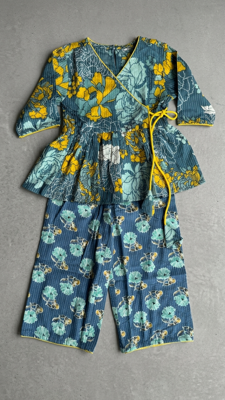 Blue Floral Cotton Angrakha Co-ord Set for Girls | Soft & Breathable