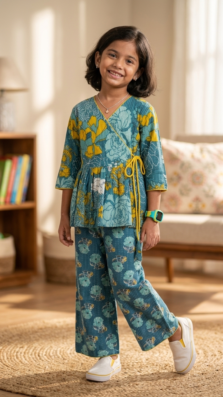 Blue Floral Cotton Angrakha Co-ord Set for Girls | Soft & Breathable