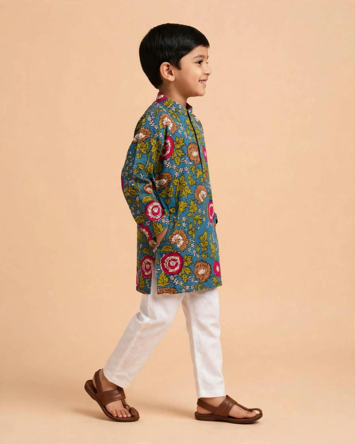 Boys Blue Kalamkari Printed Kurta Pajama Set