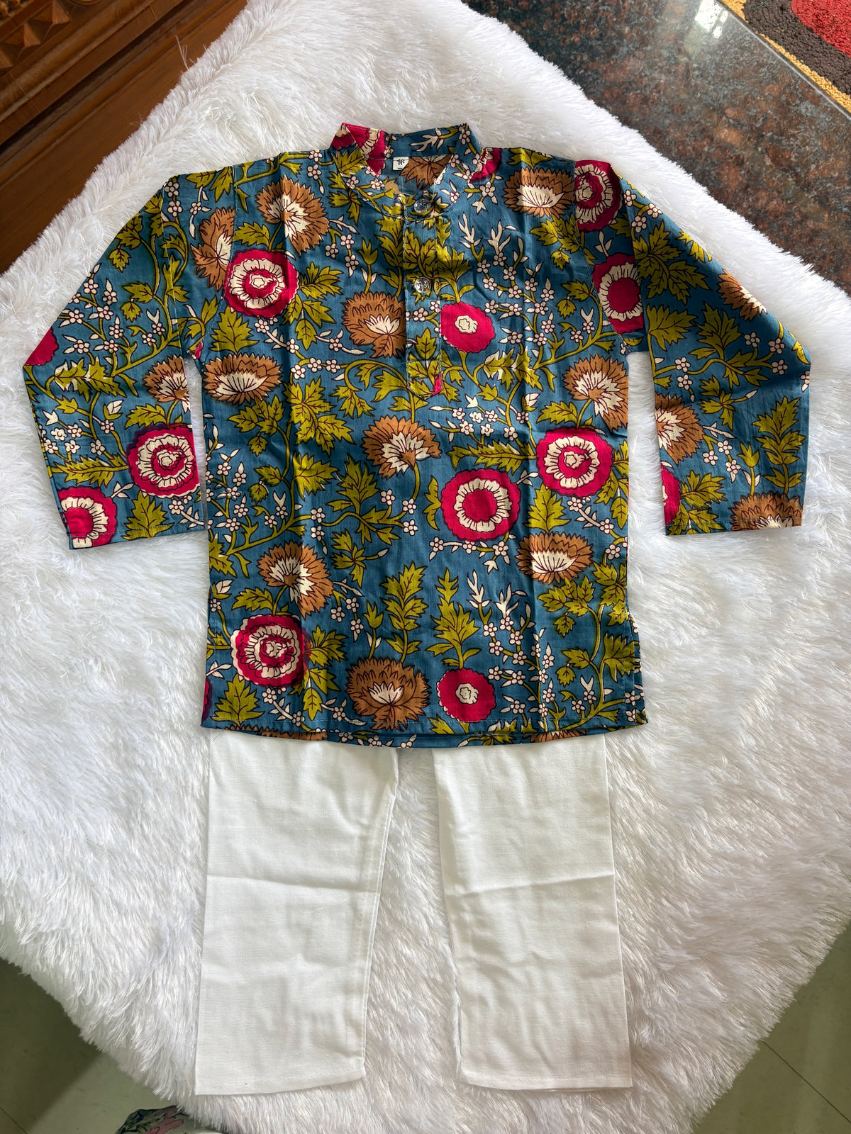 Boys Blue Kalamkari Printed Kurta Pajama Set