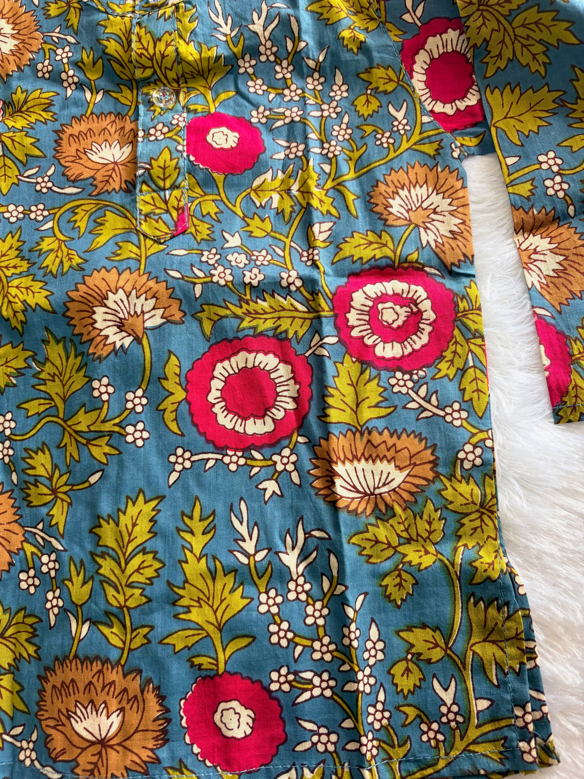 Boys Blue Kalamkari Printed Kurta Pajama Set