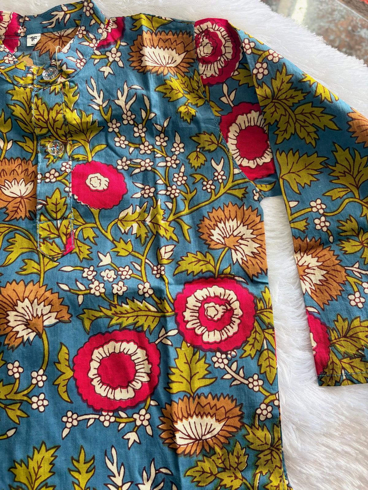 Boys Blue Kalamkari Printed Kurta Pajama Set