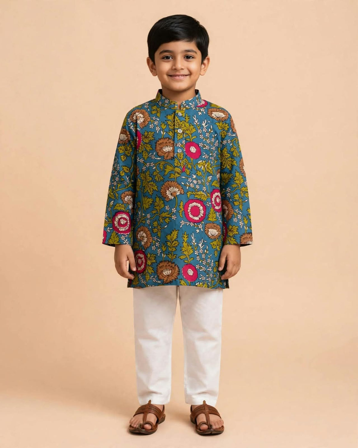 Boys Blue Kalamkari Printed Kurta Pajama Set