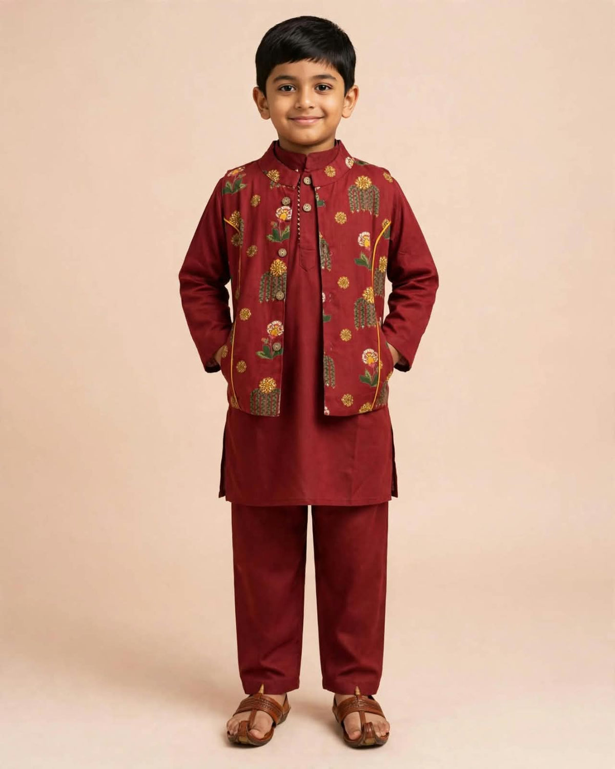 Boys Maroon Printed Kurta Set with Jacket
