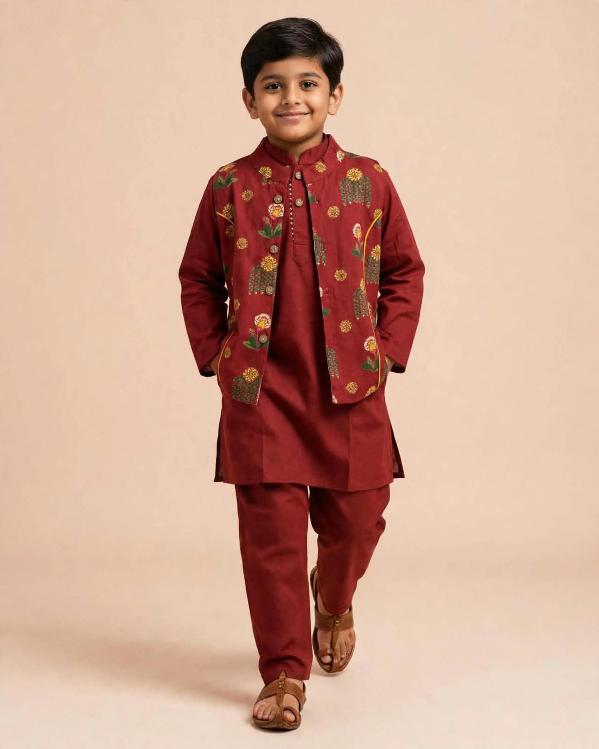 Boys Maroon Printed Kurta Set with Jacket