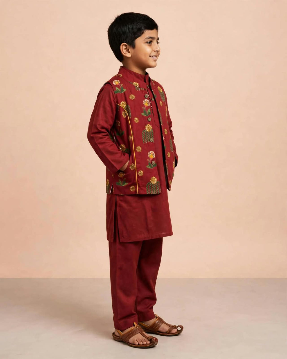 Boys Maroon Printed Kurta Set with Jacket