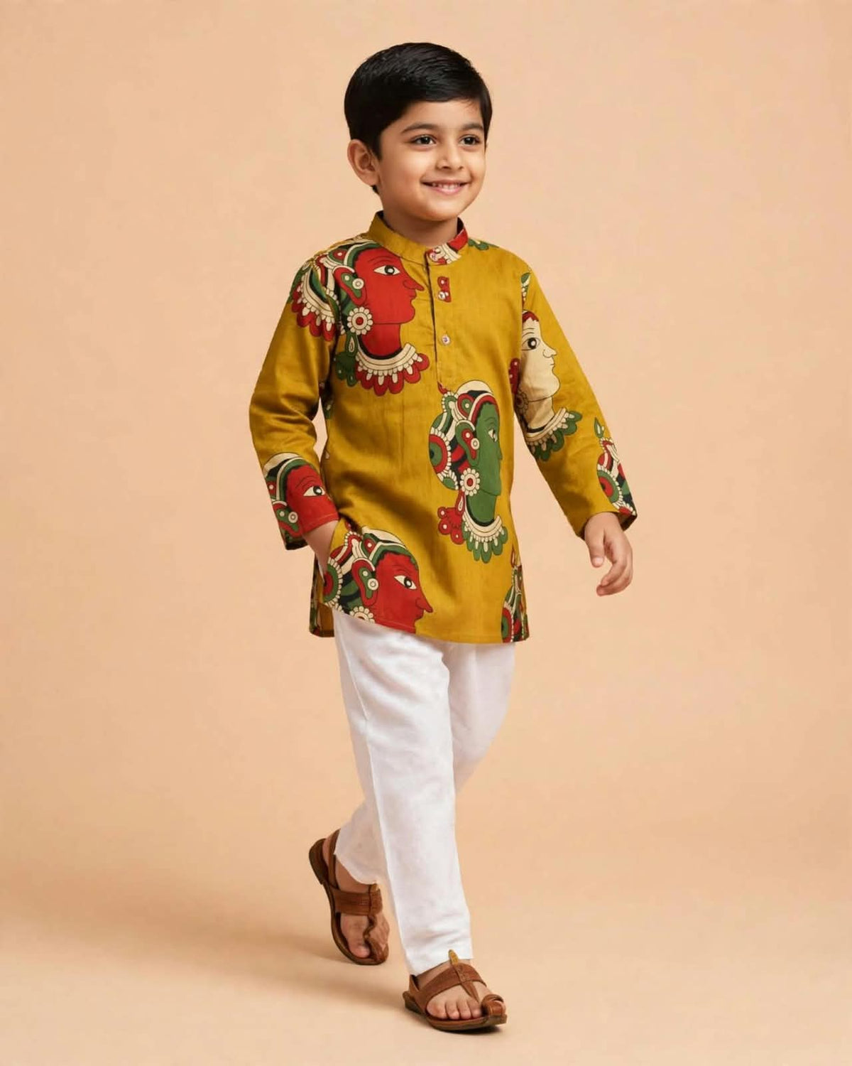 Boys Mustard Yellow Printed Kurta Pajama Set