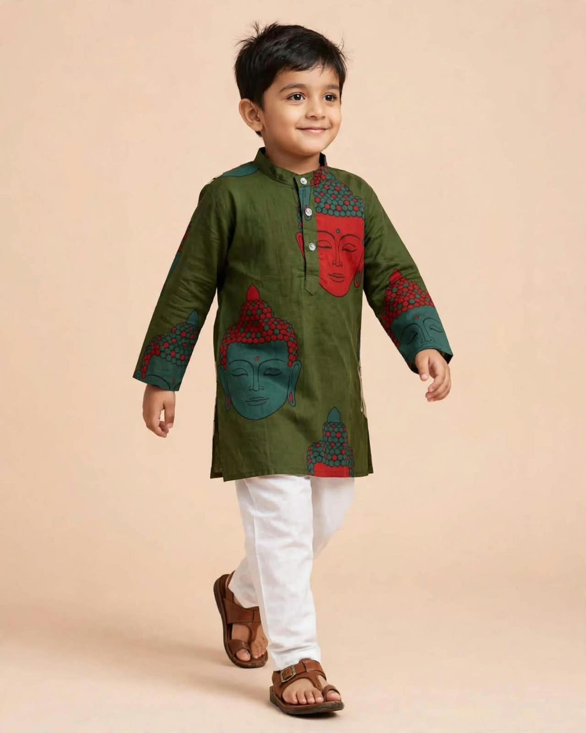 Boys Olive Green Printed Kurta with White Pajama Set