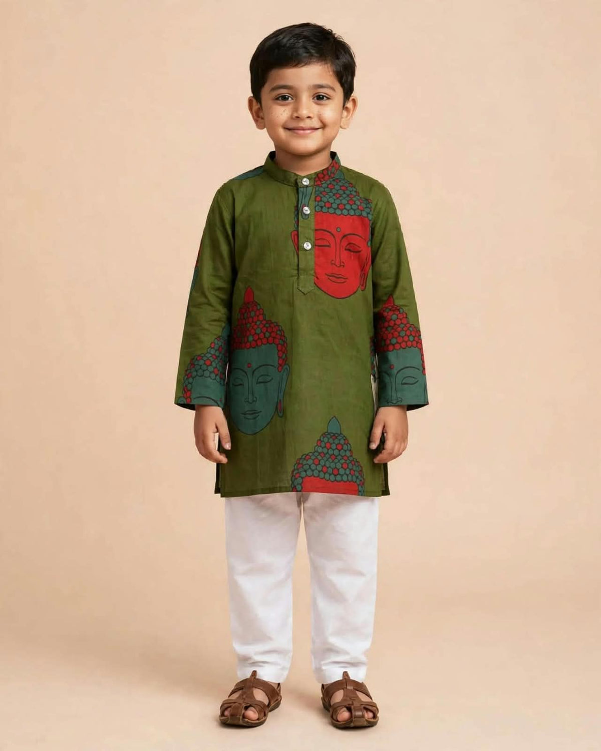 Boys Olive Green Printed Kurta with White Pajama Set
