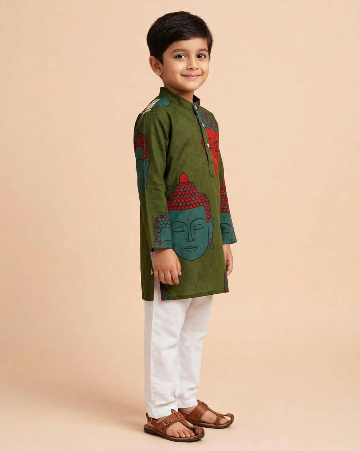 Boys Olive Green Printed Kurta with White Pajama Set