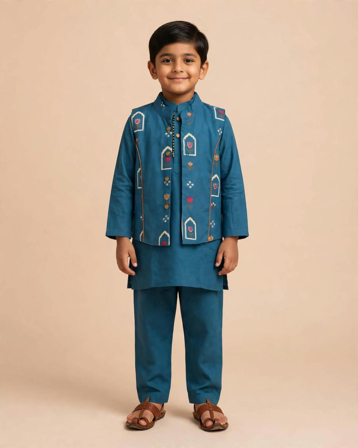 Boys Teal Blue Printed Kurta Set with Jacket