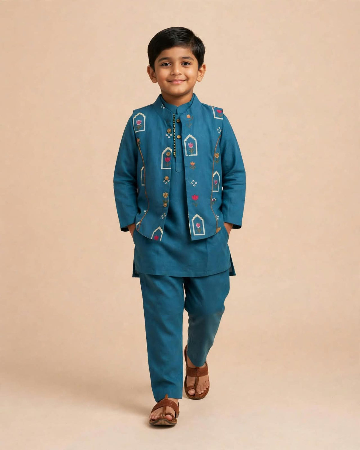 Boys Teal Blue Printed Kurta Set with Jacket