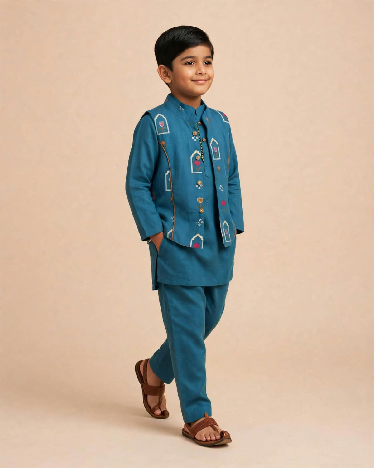 Boys Teal Blue Printed Kurta Set with Jacket