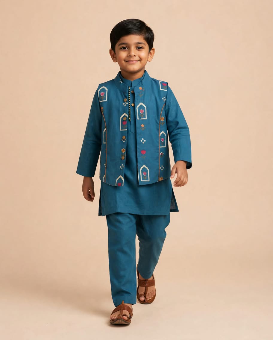 Boys Teal Blue Printed Kurta Set with Jacket