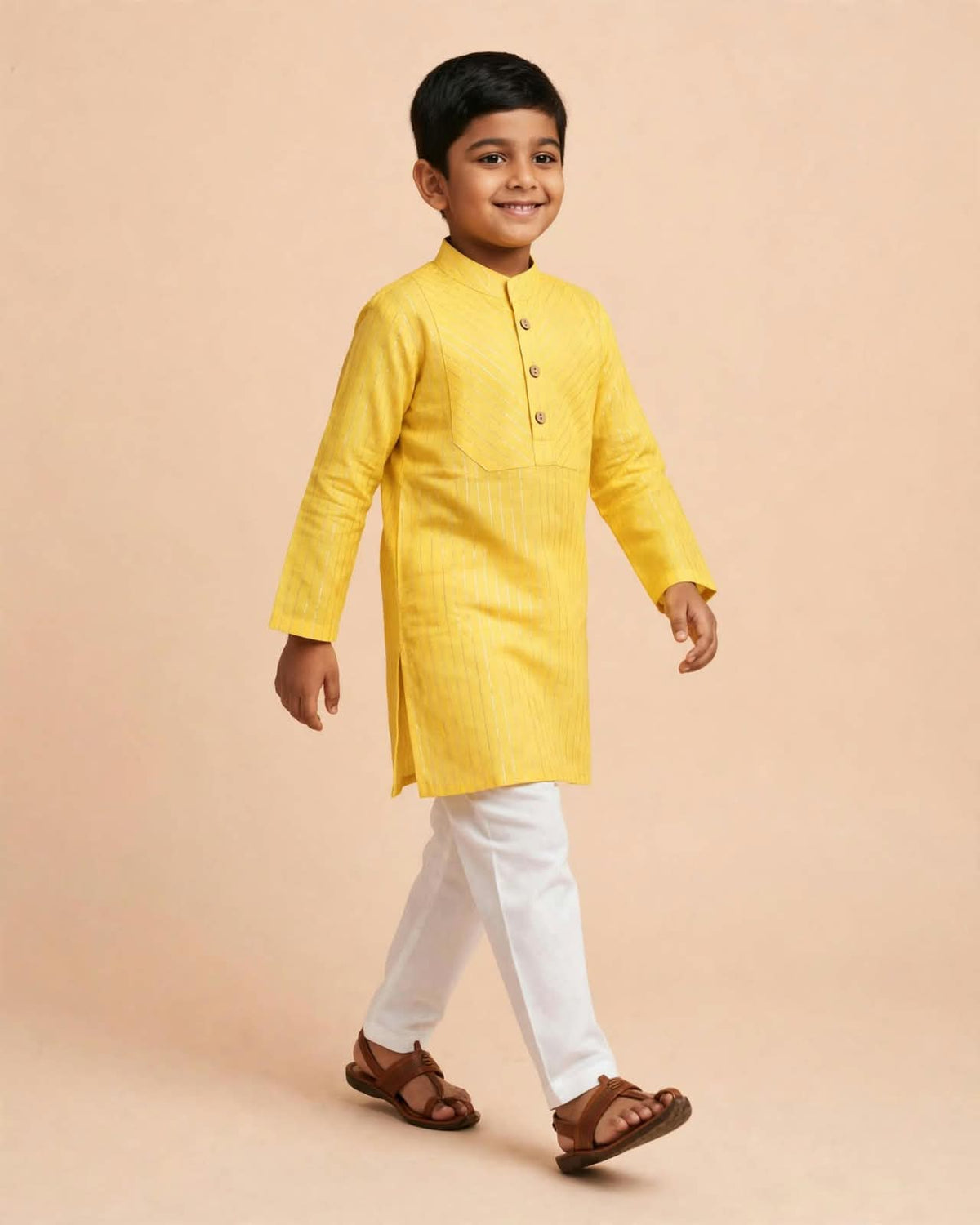 Boys Mustard Yellow Silver Striped Kurta