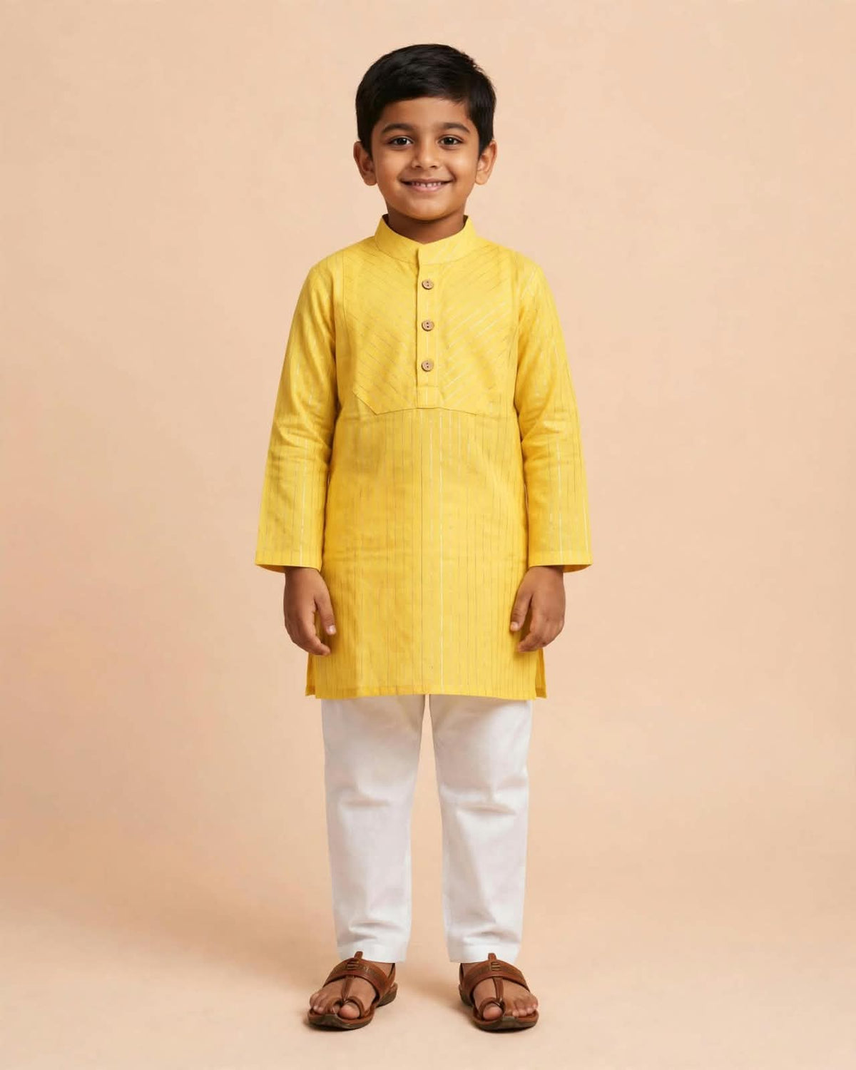Boys Mustard Yellow Silver Striped Kurta