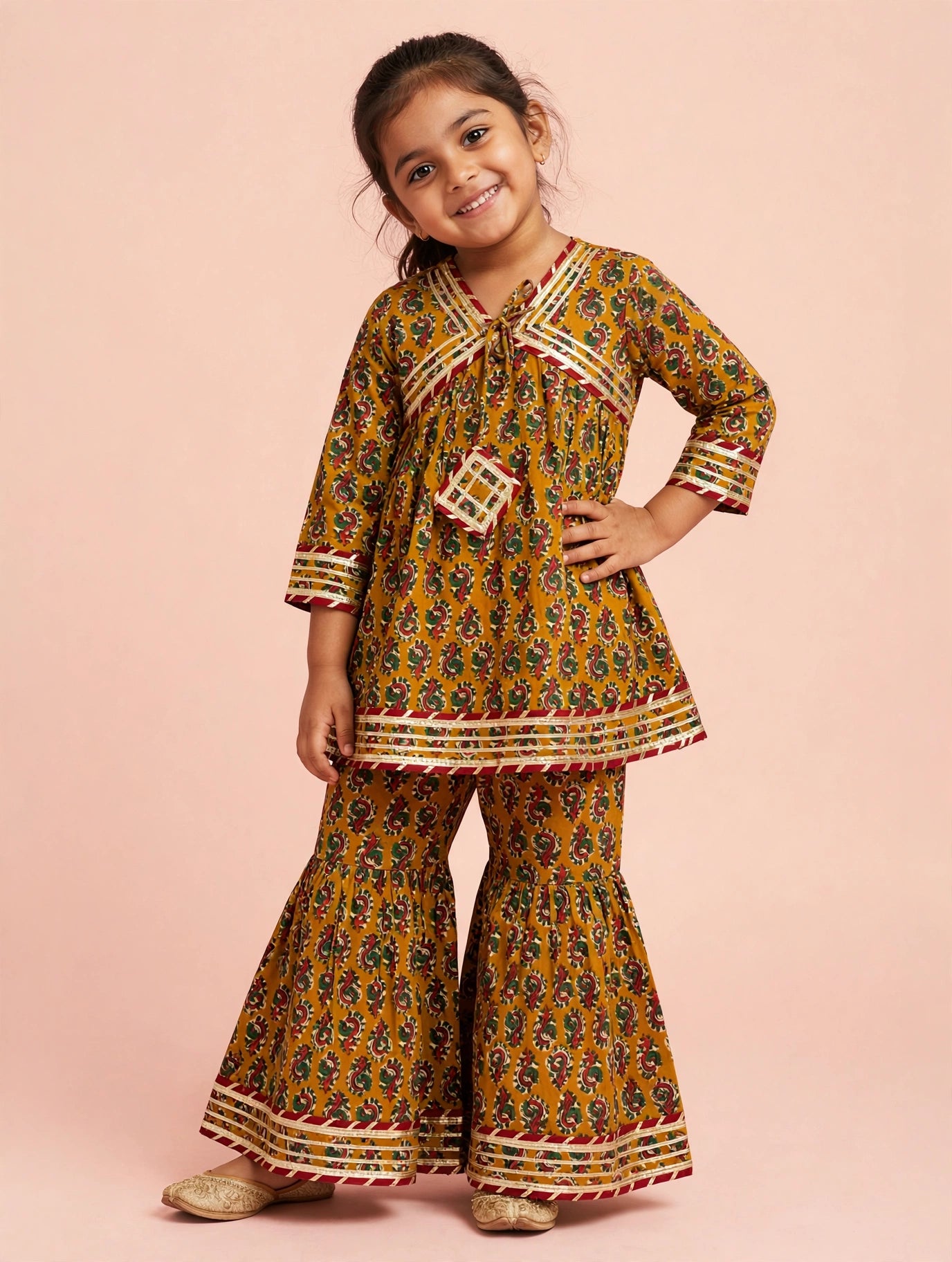 Mustard Printed Kurti Sharara Set | Soft Cotton Ethnic Wear for Kids