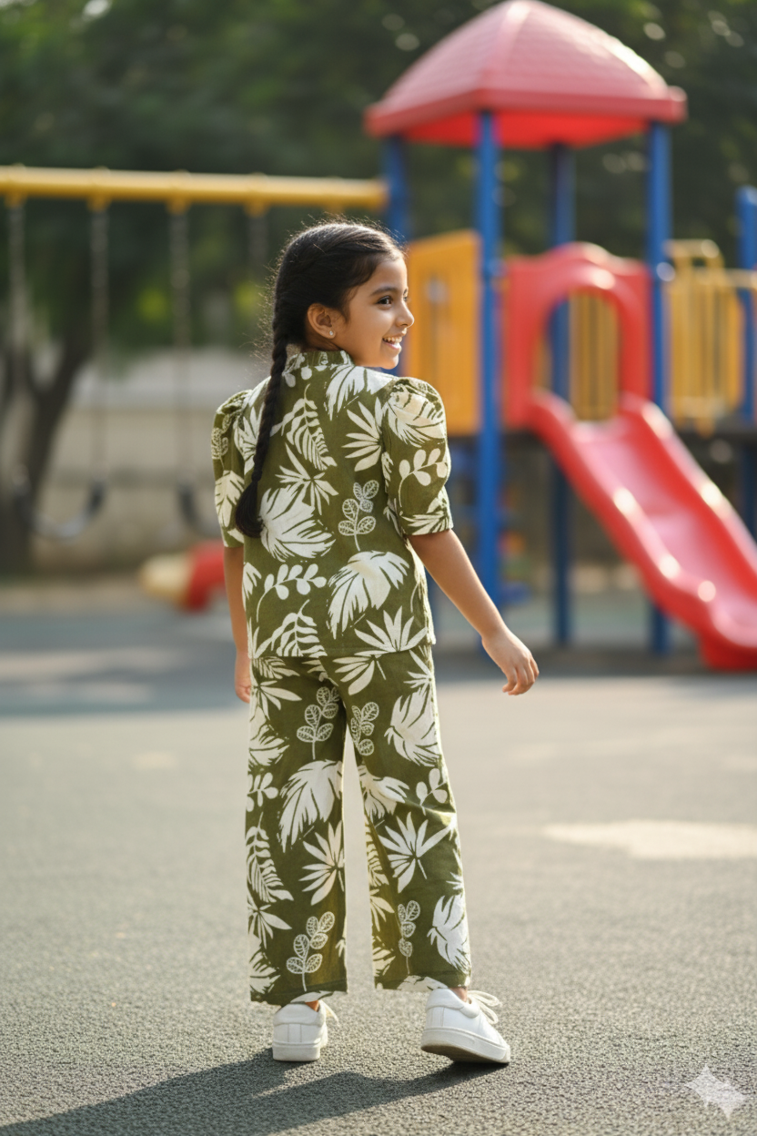 Pure Cotton Tropical Green Co-ord Set for Girls