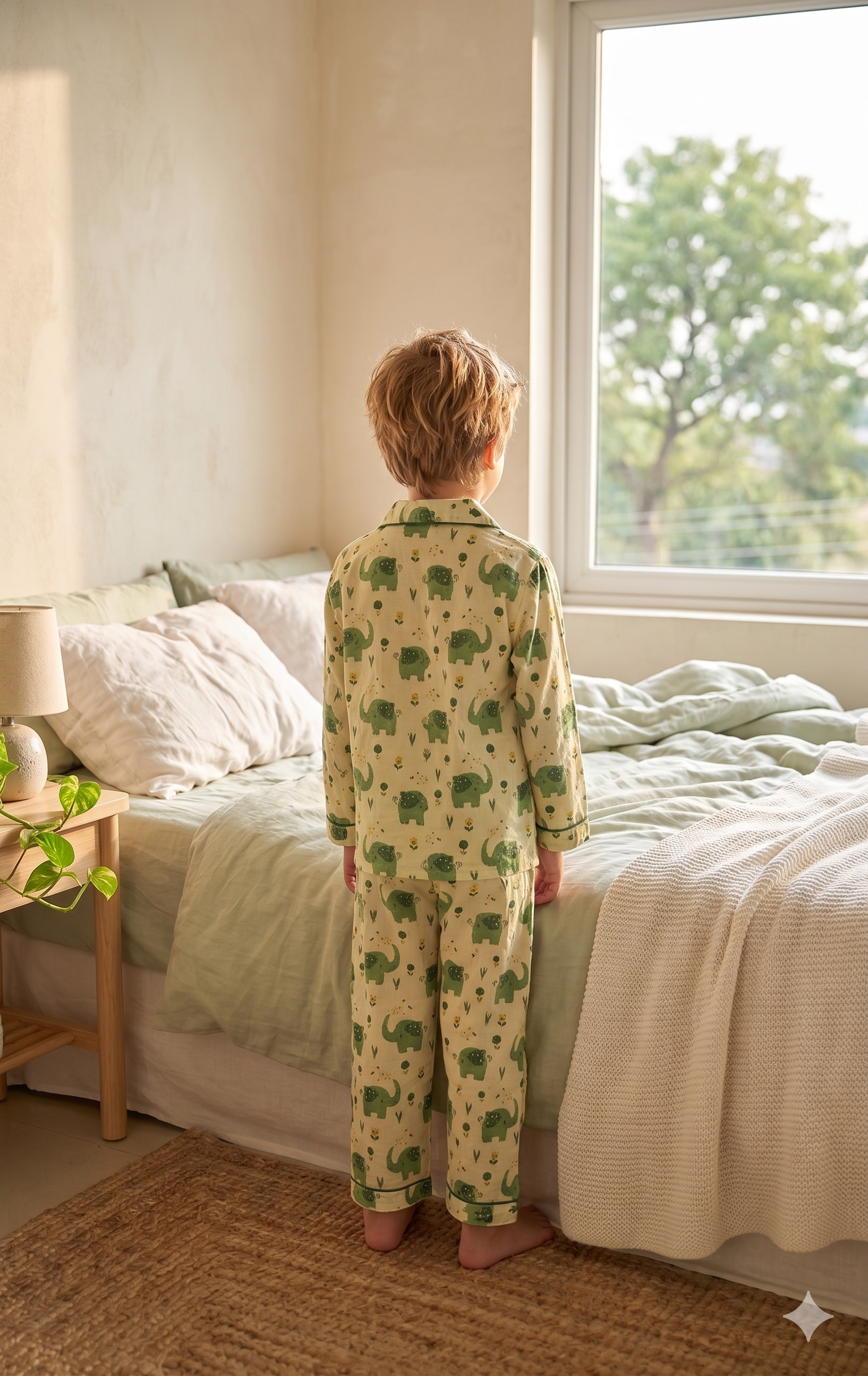 Off-White Elephant Print Cotton Night Suit for Kids