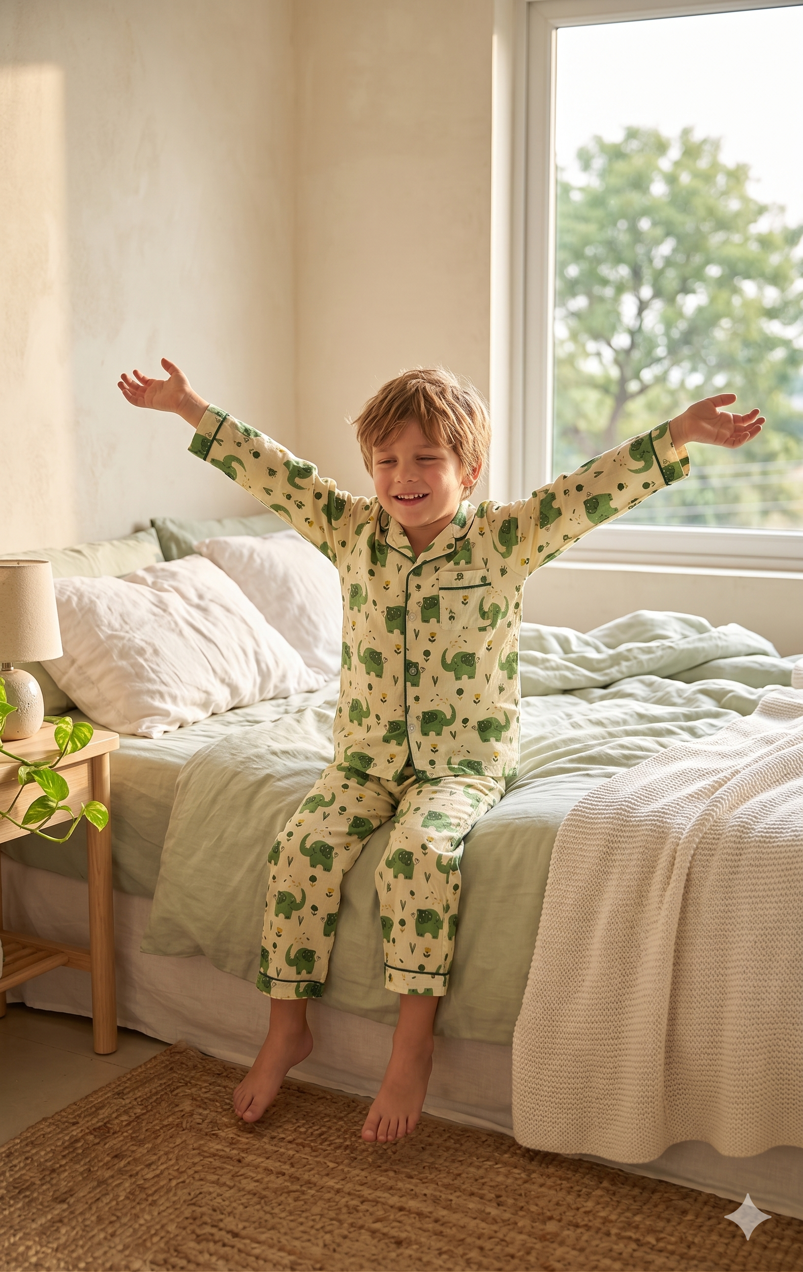 Off-White Elephant Print Cotton Night Suit for Kids