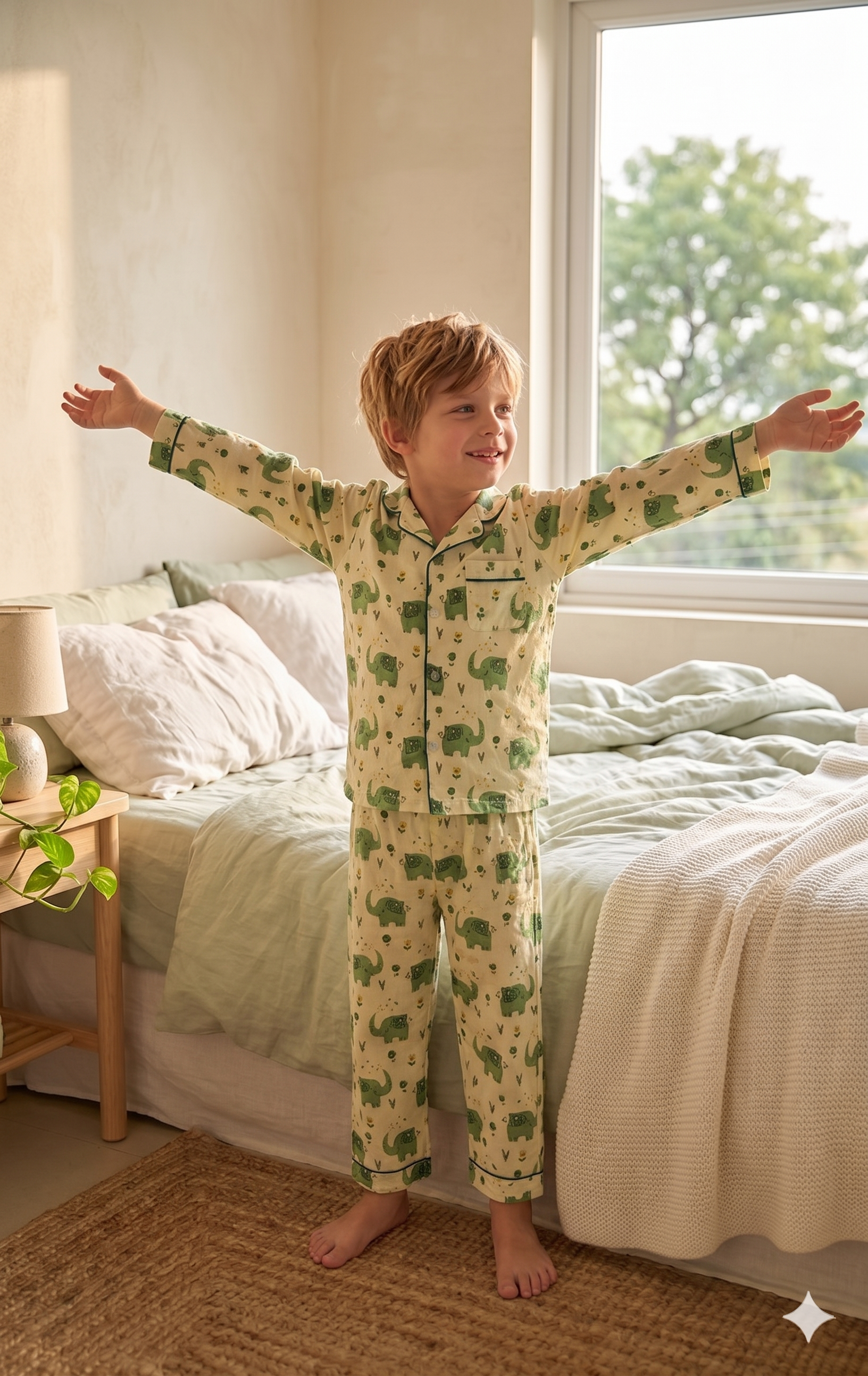 Off-White Elephant Print Cotton Night Suit for Kids