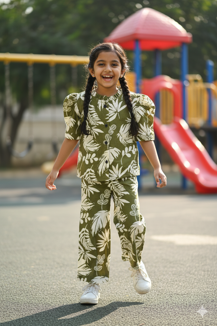 Pure Cotton Tropical Green Co-ord Set for Girls