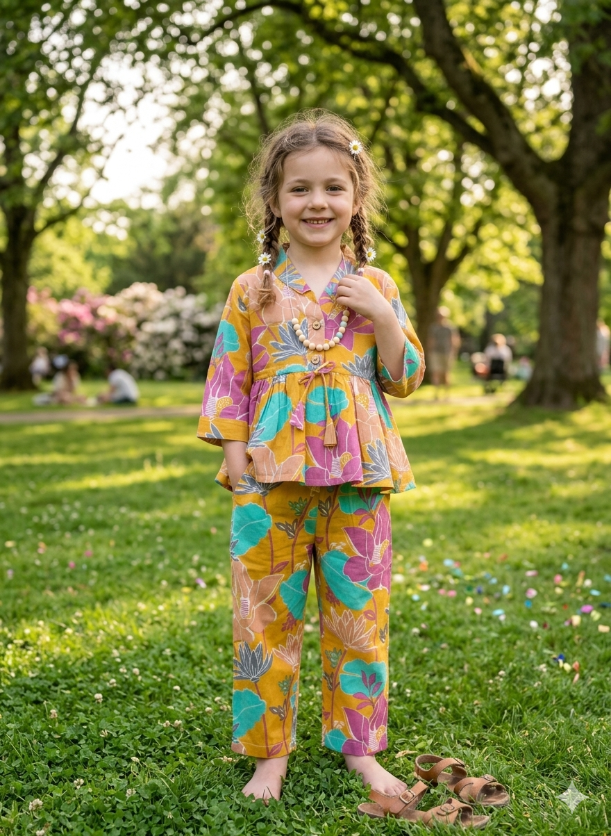 Pure Cotton Yellow Floral Co-ord Set for Girls